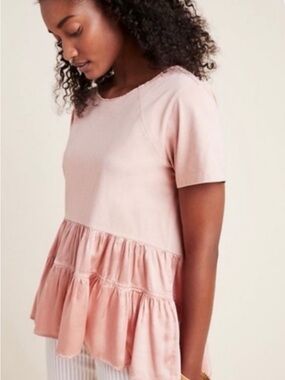 by Anthropologie Iona Top- Blush Pink Short Sleeve Ruffle-Peplum Top